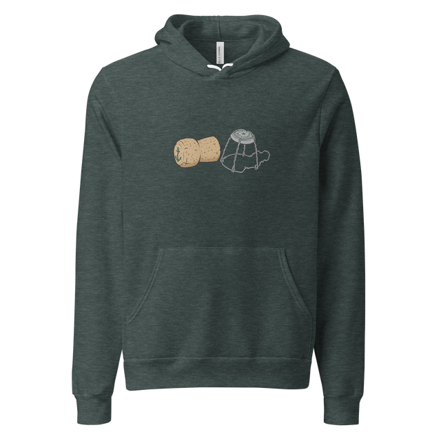 Deep green and tan marker art of a cork and cage on a Pullover Hoodie.