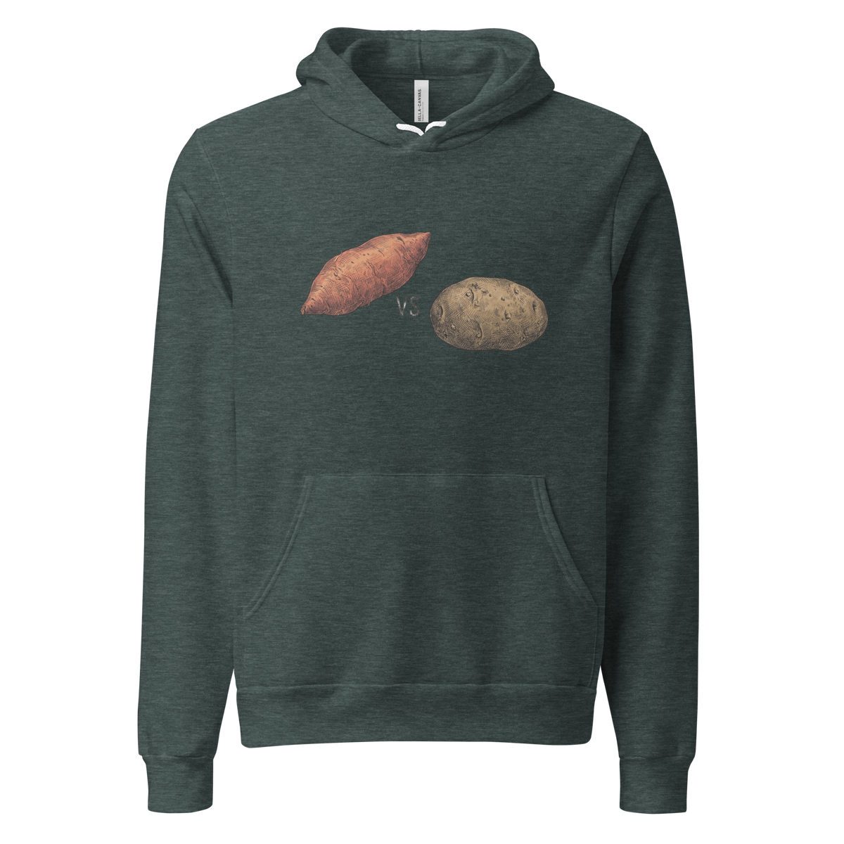 Detailed pencil sketch of two different potatoes centered on a Pullover Hoodie.
