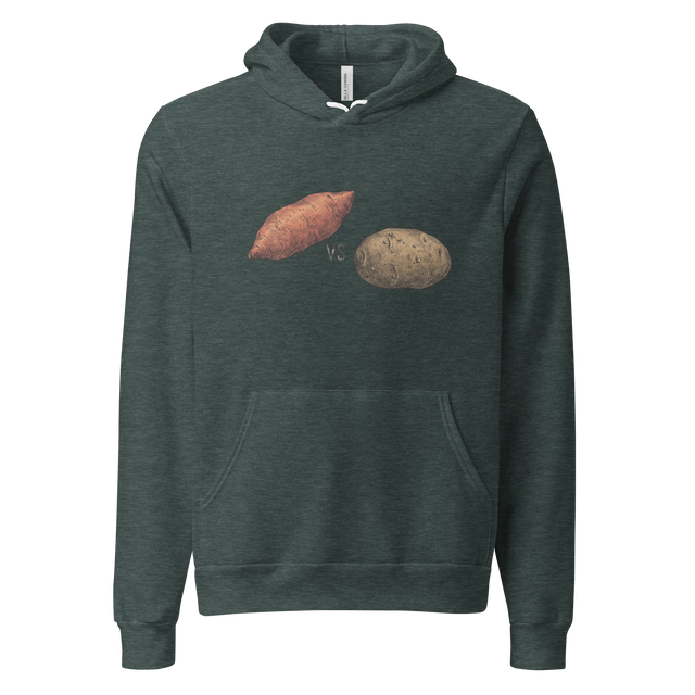 Detailed pencil sketch of two different potatoes centered on a Pullover Hoodie.