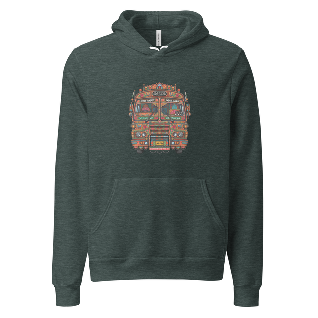 Detailed and colorful marker illustration of a Pakistani bus front printed on a pullover hoodie.