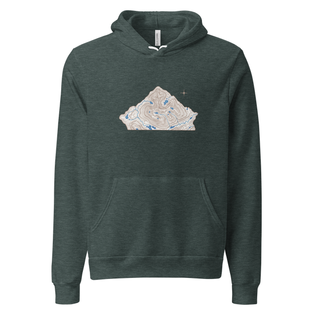 Flat topographic map of an abstract mountain in sepia and blue marker on an off-white Pullover Hoodie.