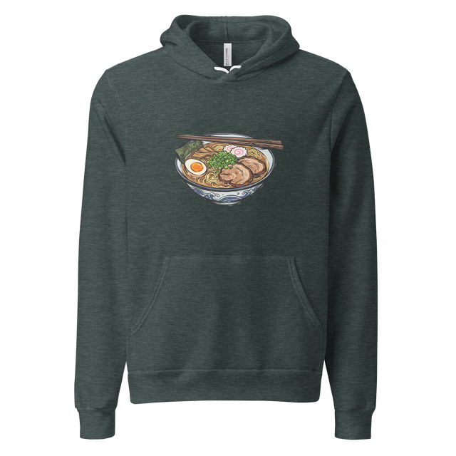 Colorful brush pen illustration of a pork ramen bowl with chopsticks resting across the rim, printed on a Pullover Hoodie.