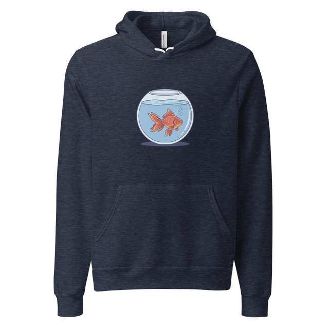 Minimalist graphic of a goldfish and a circular bowl on a white Pullover Hoodie.