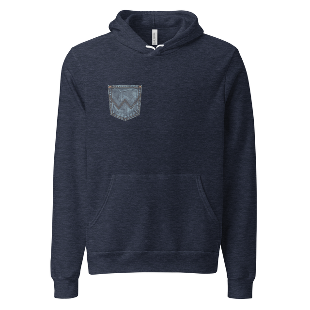 Minimalist line drawing of a denim jean back pocket on a Pullover Hoodie.