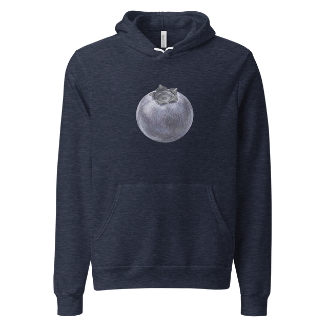 A detailed hand-drawn color pencil illustration of a single isolated blueberry with visible waxy texture on a Pullover Hoodie.