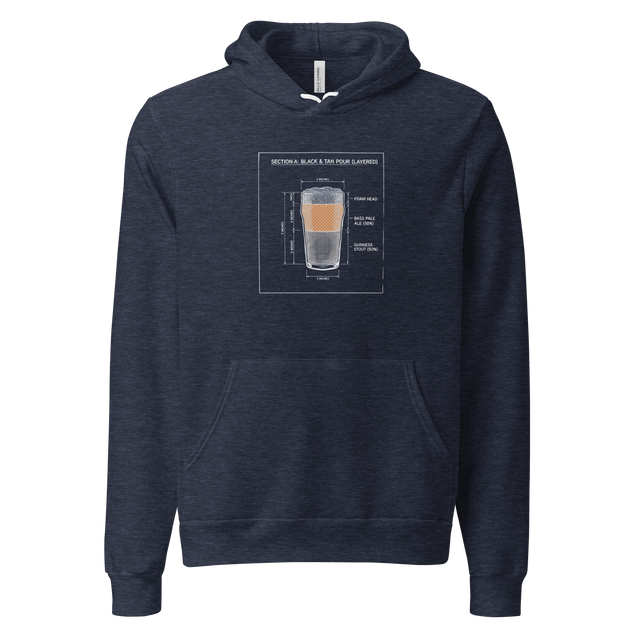 Architectural drafting style illustration of a Guinness pour on a Pullover Hoodie.