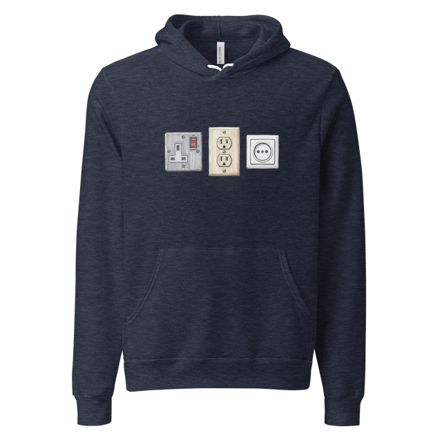 Minimalist marker art of global electrical outlets on a Pullover Hoodie.