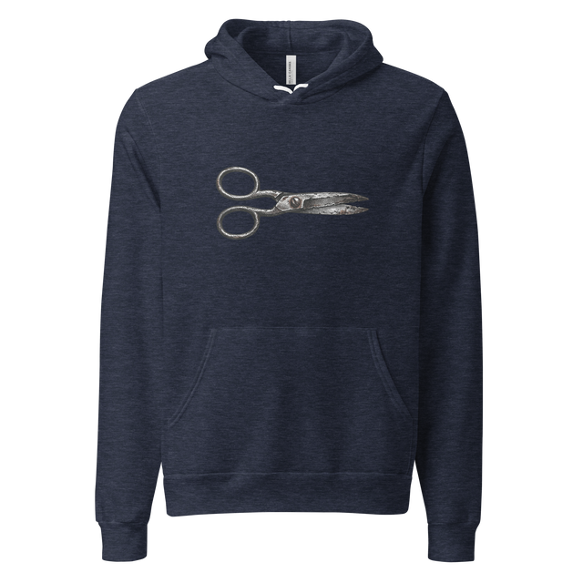 Cross-hatch ink illustration of vintage scissors lying horizontal on a Pullover Hoodie.