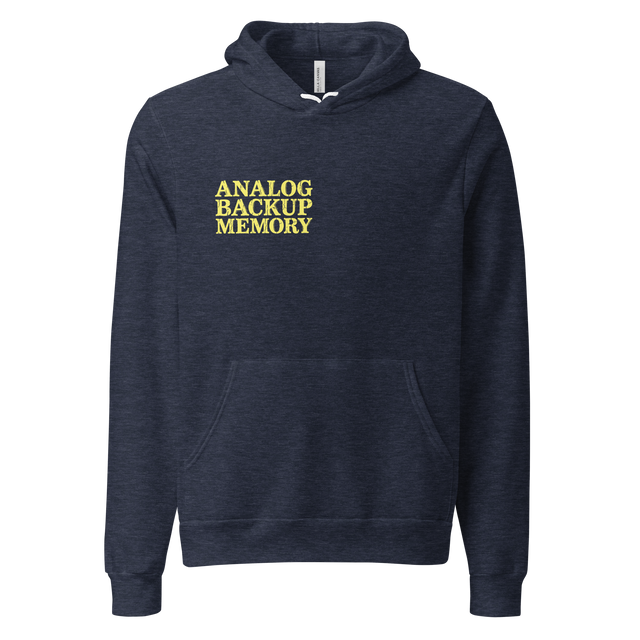 Analog Backup Memory weathered light yellow typography woodcut stamp on a pullover hoodie