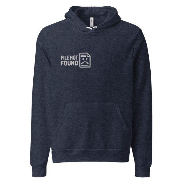 A minimalist light grey line drawing of a frowning computer document and MS-DOS text printed on a Pullover Hoodie.