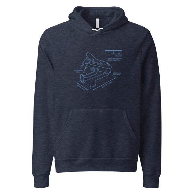 A blueprint illustration of a staple remover on a pullover hoodie.
