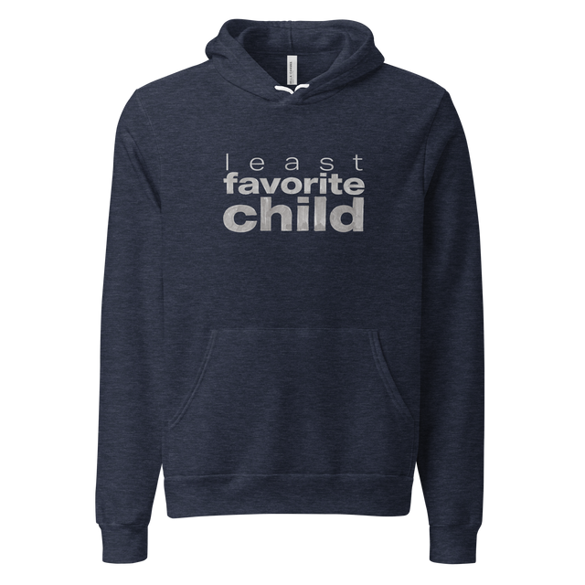 Pullover Hoodie featuring stacked handwritten ink text reading least favorite child with varying line weights and sizes.