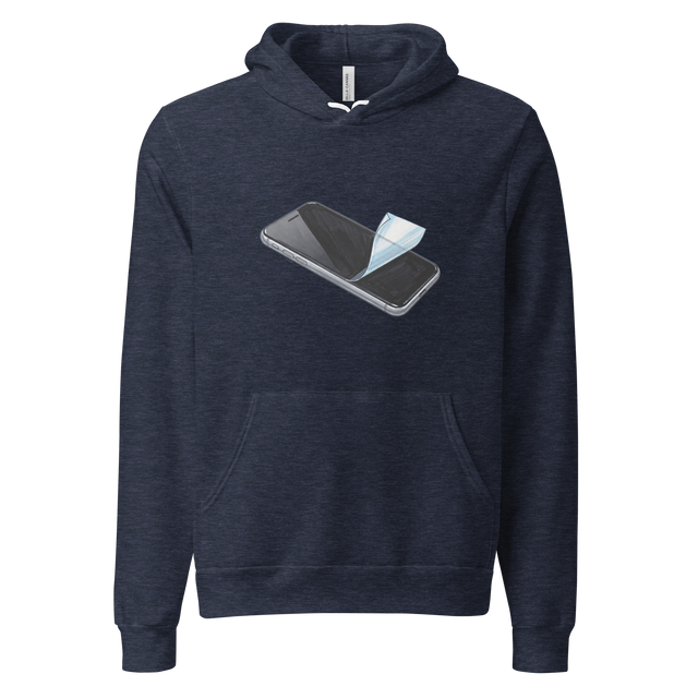 Pullover Hoodie displaying a bold marker drawing of a black smartphone with its clear protective plastic peeled halfway off the screen.