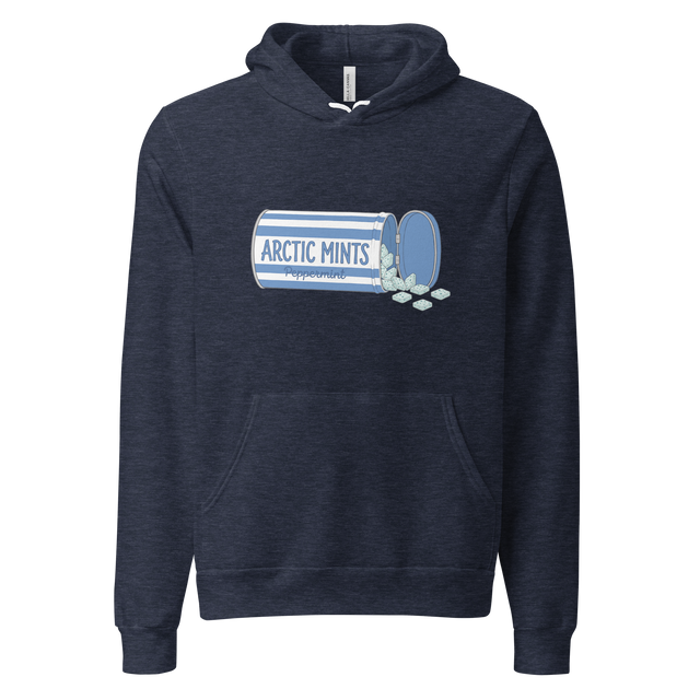 Colored pencil drawing of an open silver and blue striped tin with spilled white mints. Pullover Hoodie.