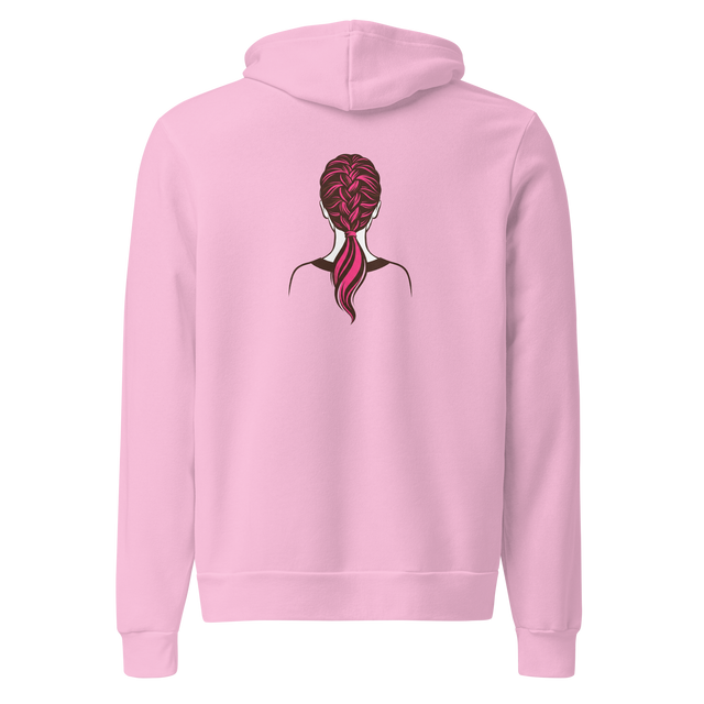 Dark brown and bright pink brush pen french braid on the back of a Pullover Hoodie.