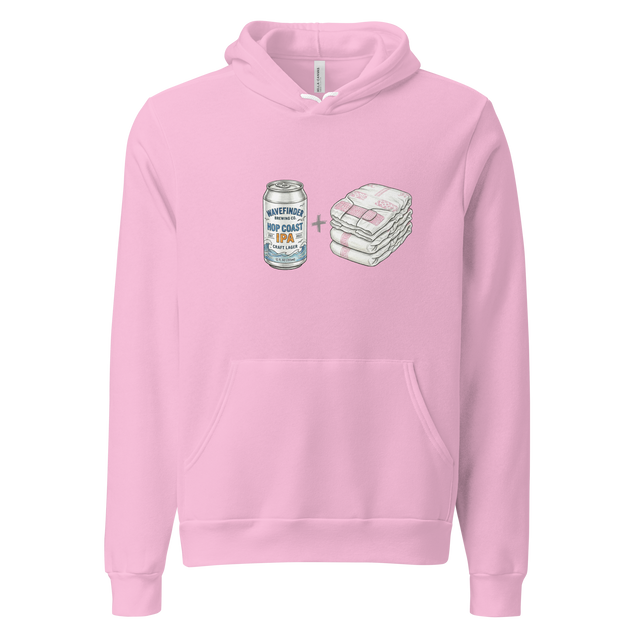 Detailed color pencil illustration of a beer can and diaper on a Pullover Hoodie.