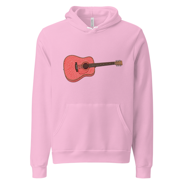 Clean brush stroke illustration of an acoustic guitar covered in avant-garde red and white dots on a Pullover Hoodie.