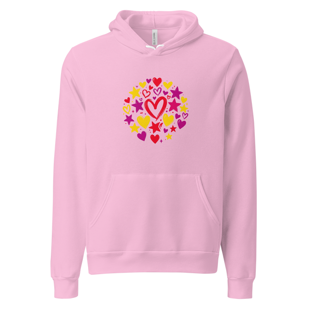 Pullover Hoodie displaying smooth painted illustrations of vibrant hearts and bright yellow stars.