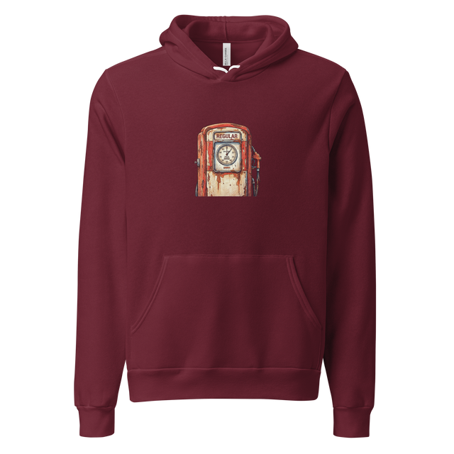 Minimalist vintage gas pump illustration on a cozy Pullover Hoodie.