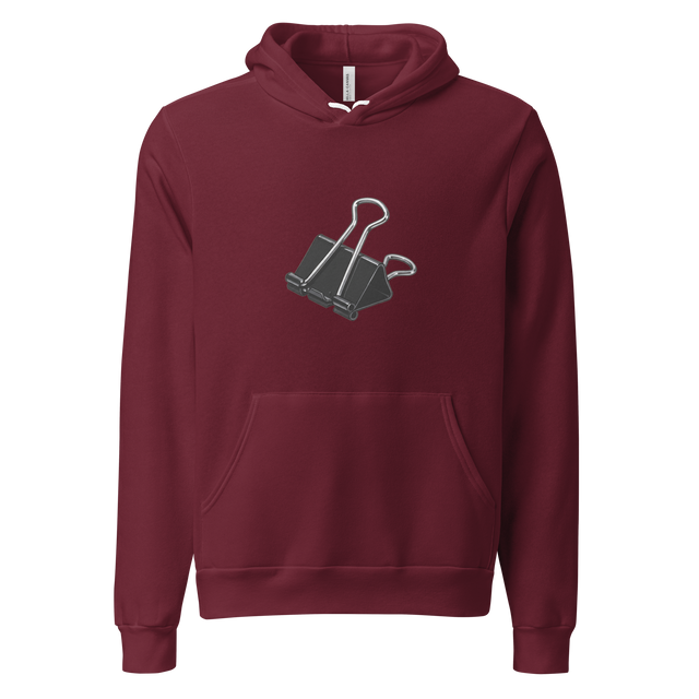 Crisp black and silver marker illustration of a binder clip on a heavy Unisex Pullover Hoodie.