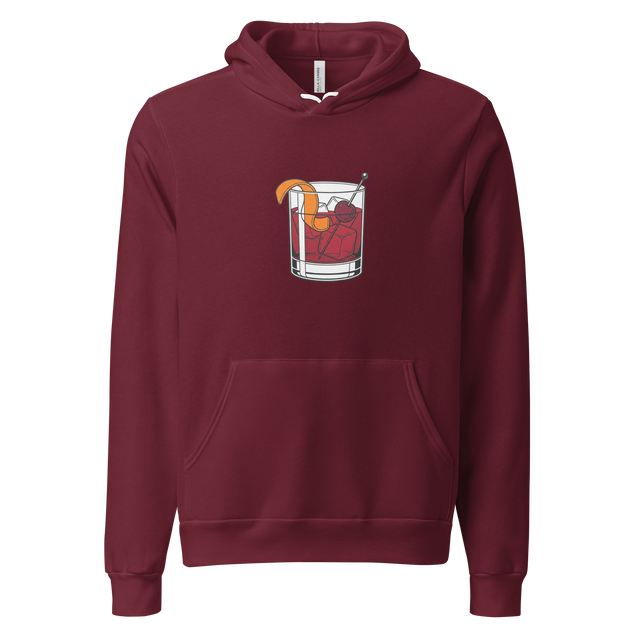 A clean line marker illustration of a classic Negroni cocktail with an orange peel and cherry on a heavy-bottomed rocks glass hoodie.