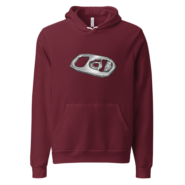 Cross-hatch ink illustration of a metal ring pull on a Pullover Hoodie, isolated against a solid background.