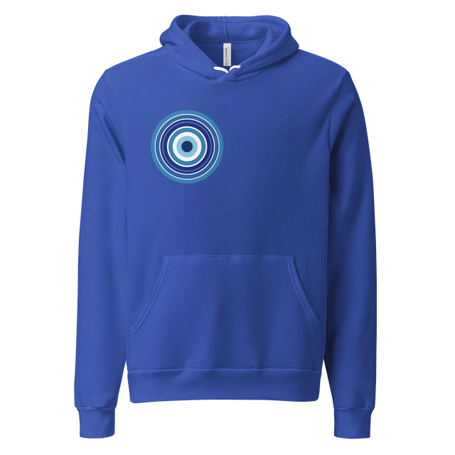 Graphic blue woodcut eye motif centered on a Pullover Hoodie.