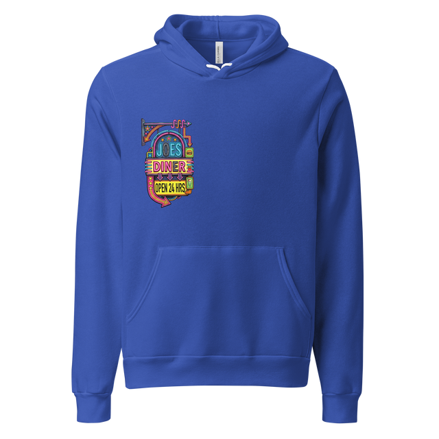 Graphic of a buzzing neon diner sign drawn in bright colors on a unisex pullover hoodie.