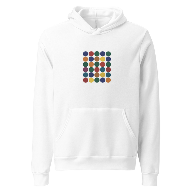 Minimalist Pullover Hoodie featuring a graphic print of multi-colored circles.