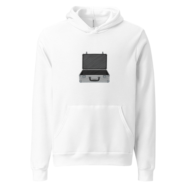 Minimalist graphic of an open aluminum suitcase on a Pullover Hoodie.