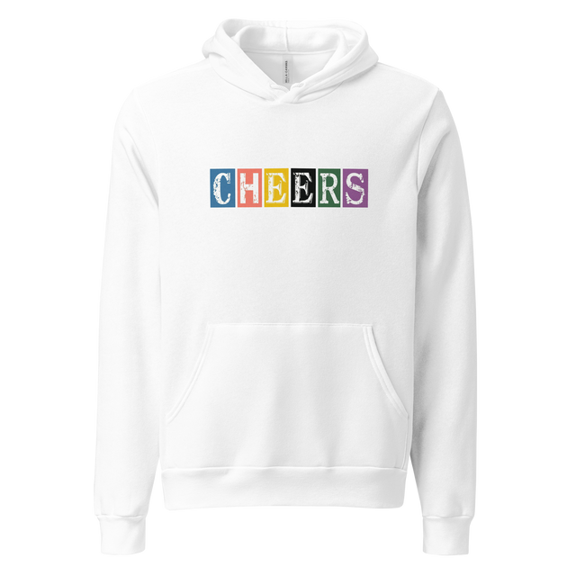Artistic distressed Cheers lettering on a Pullover Hoodie.