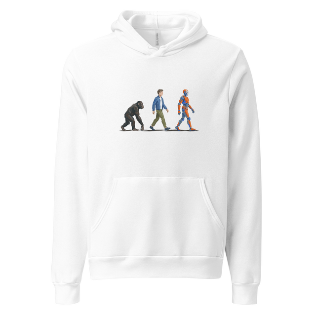 Linear evolutionary graphic from primal to robotic stages on a Pullover Hoodie.