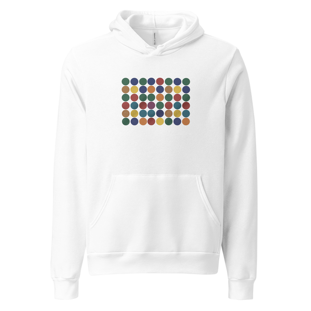 White hoodie with colorful dot pattern on a white background
