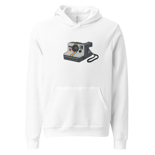 Marker illustration of a 1970s instant camera with a rainbow stripe and flash, centered on a Pullover Hoodie.