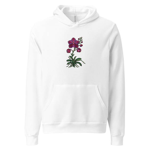 Detailed Vanda orchid brush pen graphic in deep red and purple on a Pullover Hoodie.