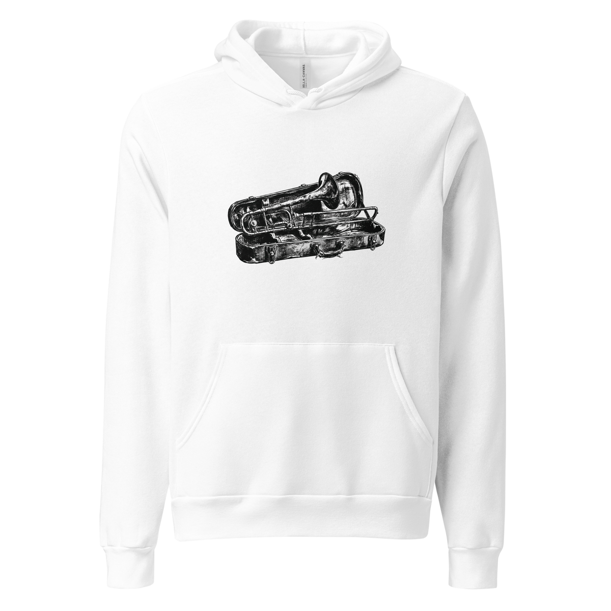 Charcoal sketch graphic of an old trombone leaning in an open case on a Pullover Hoodie.