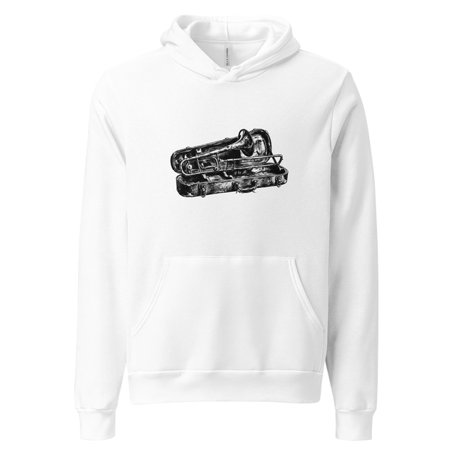 Charcoal sketch graphic of an old trombone leaning in an open case on a Pullover Hoodie.