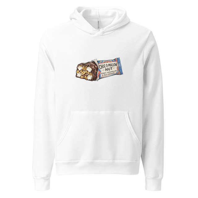 Hand-drawn color pencil illustration of a chocolate peanut marshmallow candy bar on a minimalist Pullover Hoodie.
