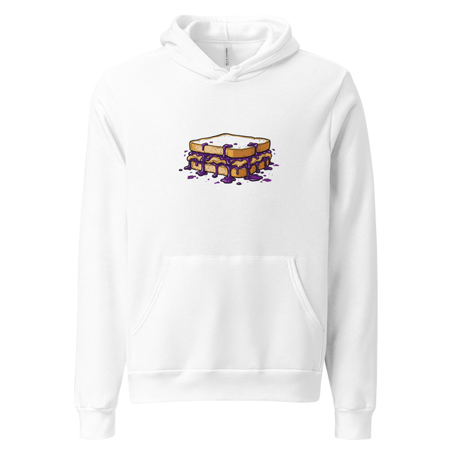 Pullover Hoodie featuring a full color marker illustration of a peanut butter and jelly sandwich with overflowing grape jelly.