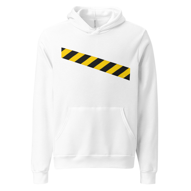 Pullover Hoodie featuring bold painted yellow and black caution tape diagonal stripes.