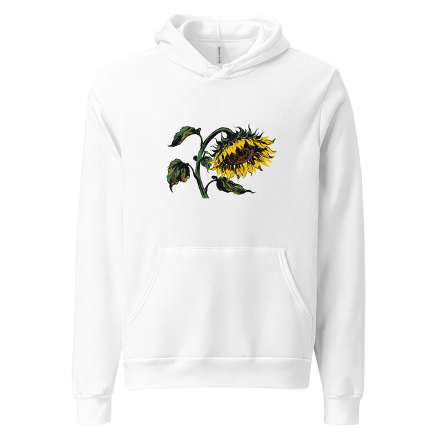 A clean digital mock-up of a Pullover Hoodie featuring a full color ink wash illustration of a single drooping sunflower on the front.