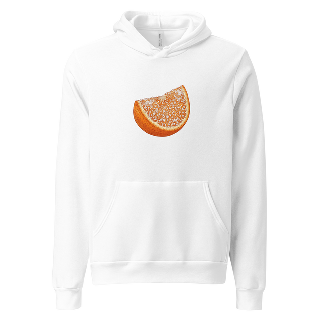 A minimalist pullover hoodie featuring a cross hatch colored pencil illustration of a vibrant sugared orange slice.