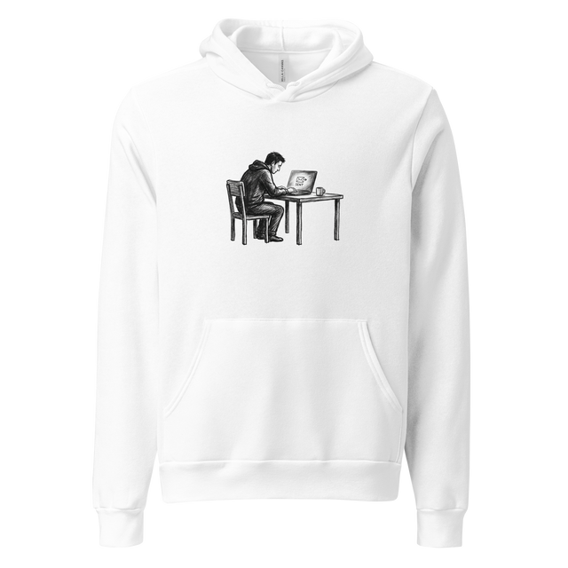 Rough charcoal sketch of a solitary figure waiting at a glowing screen on a minimalist Pullover Hoodie.