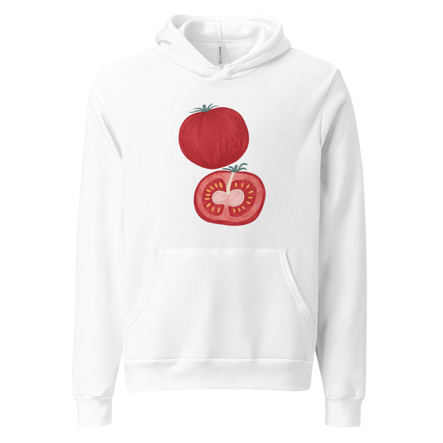 Descriptive graphic of a whole and sliced tomato in colored marker on a minimalist Pullover Hoodie.