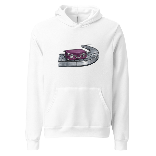 Solitary Arrival graphic of a deep purple suitcase on a carousel, Pullover Hoodie