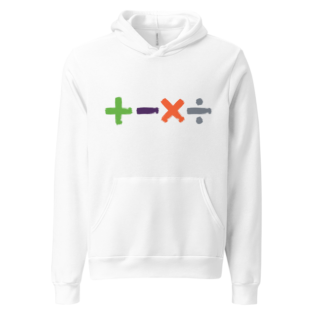Pullover Hoodie featuring a horizontal line of basic math symbols painted in bold, textured brush strokes.