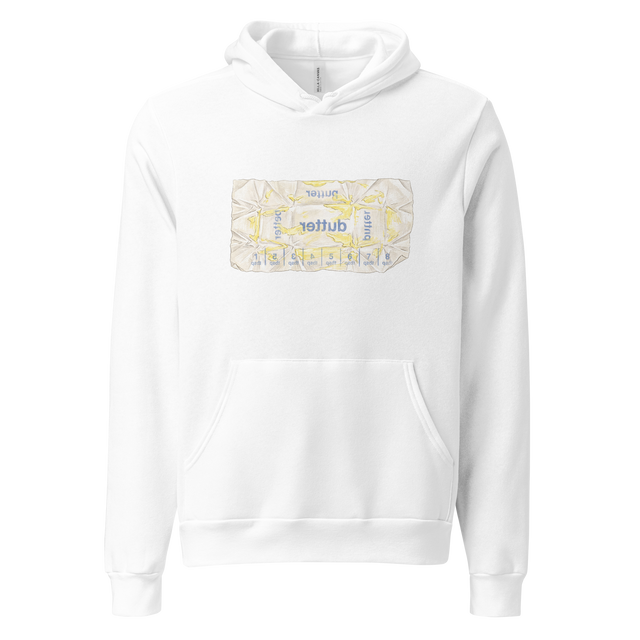 Pullover Hoodie featuring an illustration of an open, waxy butter wrapper with yellow residue and reversed blue typography.