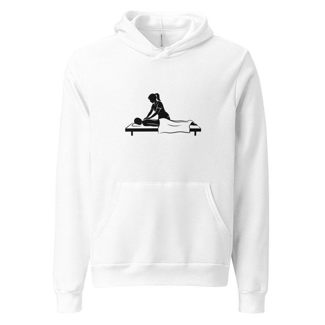 Pullover Hoodie showing a minimalist black silhouette of a masseuse with a ponytail giving a Swedish massage using clean, flowing brush lines.