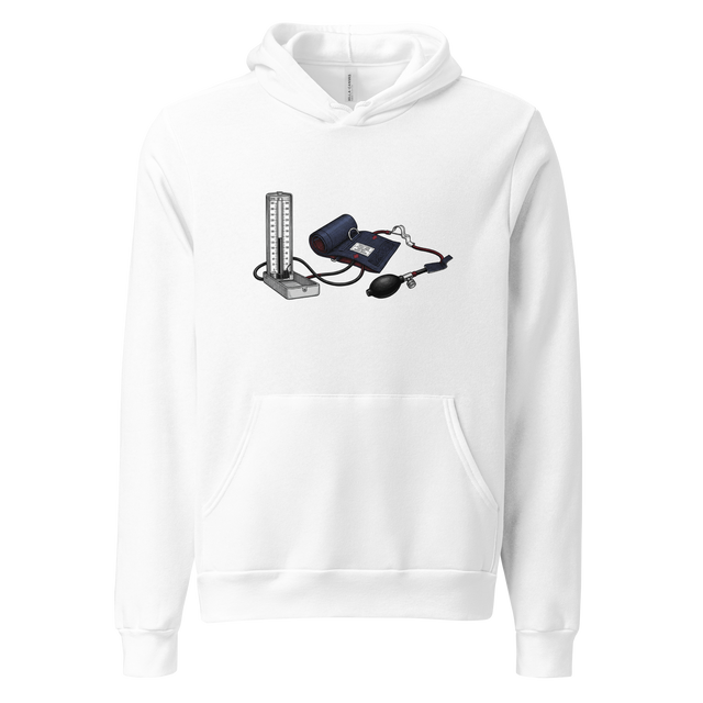 Pullover Hoodie featuring a black and white cross-hatch drawing of a blood pressure machine with a fabric cuff and a mercury column.