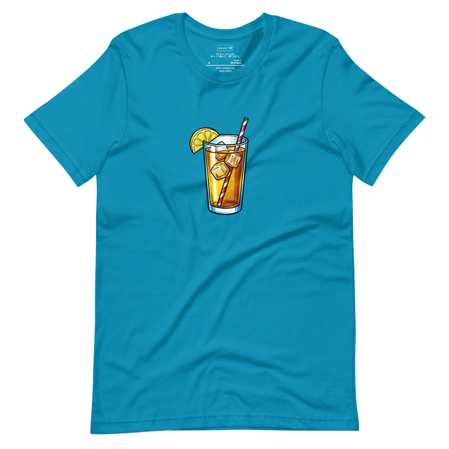 Marker illustration of tall iced tea glass with lemon and straw, Pop Art style, T-Shirt.